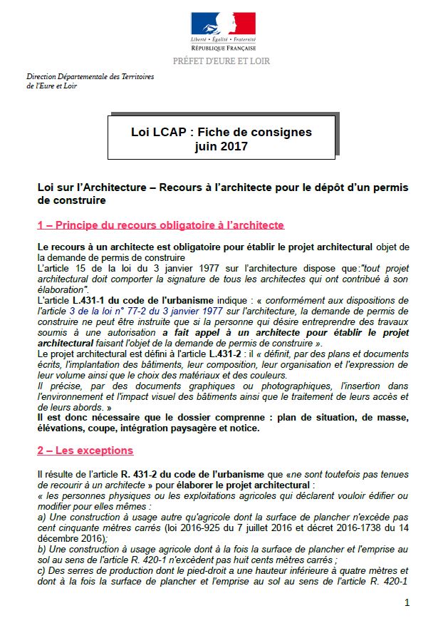 Loi sur l'architecture - Le recours à l'architecte pour le dépôt d'un permis de construire - Juin 2017